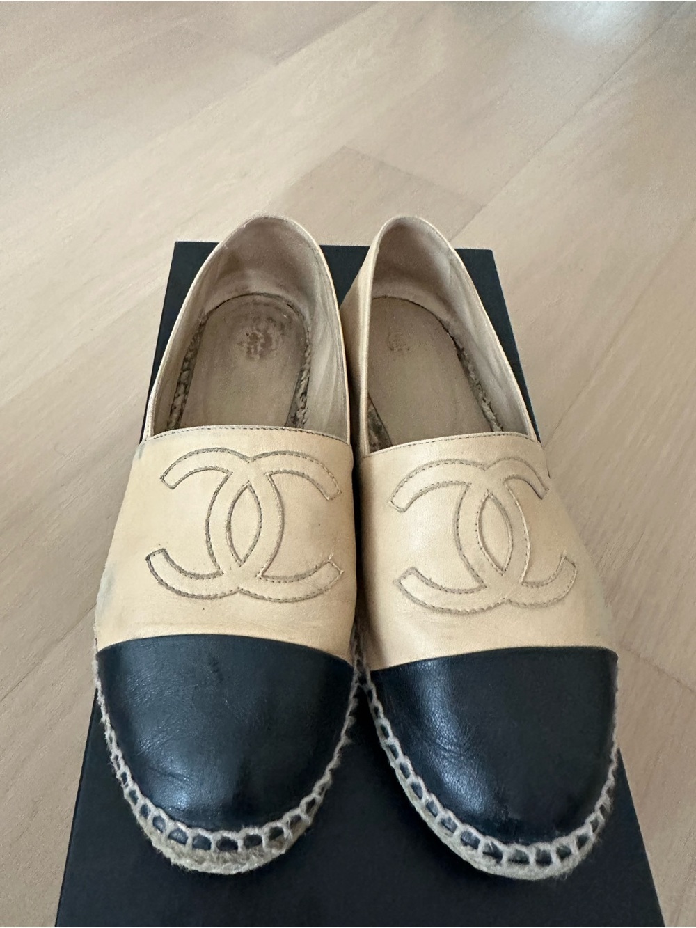CHANEL Beige and Black Leather Espadrilles with CC Logo